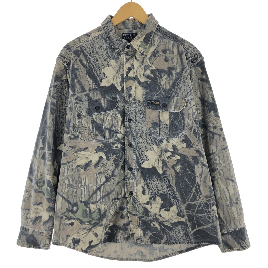 90'S RATTLERS Camouflage Pattern Real Tree Camo Long Sleeve Cotton Shirt Made in USA Men's XL Vintage unclear Khaki type sage green Vintage Second Hand