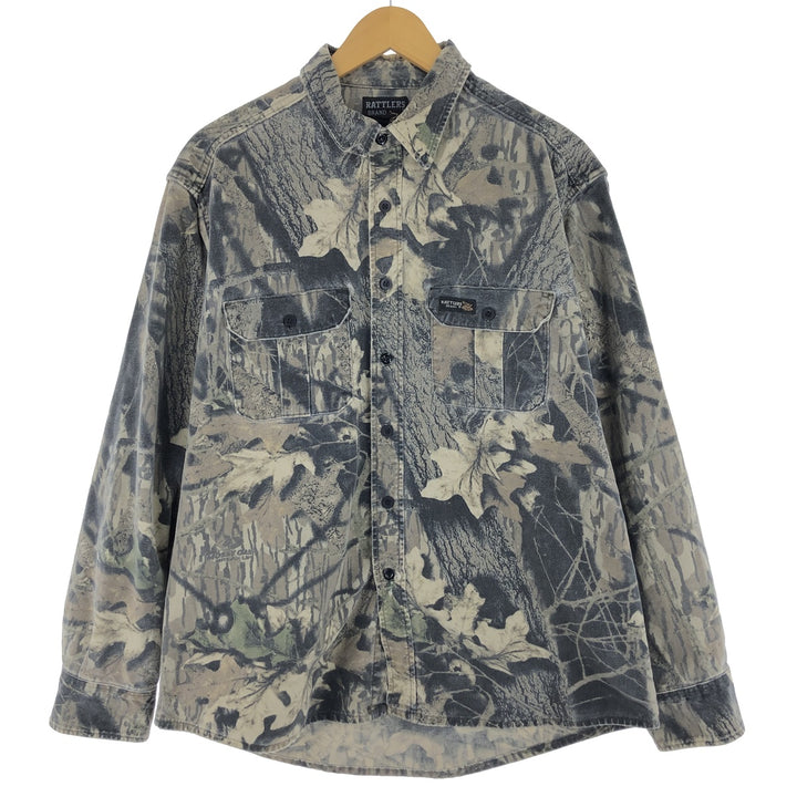 90'S RATTLERS Camouflage Pattern Real Tree Camo Long Sleeve Cotton Shirt Made in USA Men's XL Vintage unclear Khaki type sage green Vintage Second Hand
