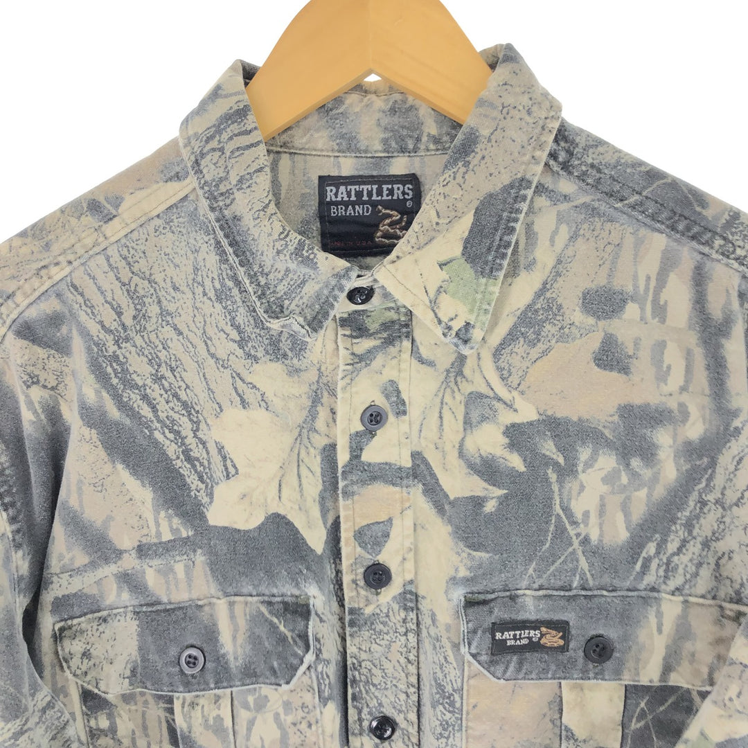 90'S RATTLERS Camouflage Pattern Real Tree Camo Long Sleeve Cotton Shirt Made in USA Men's XL Vintage unclear Khaki type sage green Vintage Second Hand