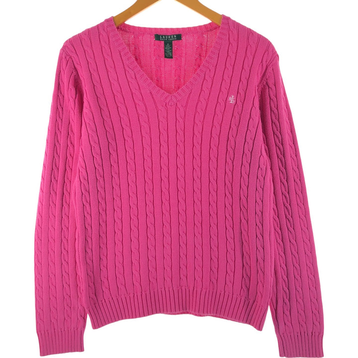 Ralph Lauren LAUREN Cable knit V-neck cotton knit sweater for women, size M / eaa494240