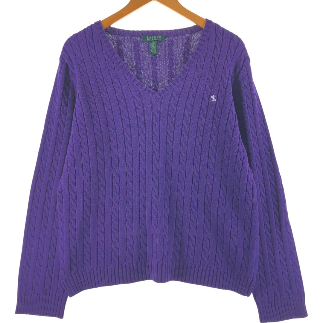 Ralph Lauren LAUREN Cable knit V-neck cotton knit sweater for women, size XL / eaa494241