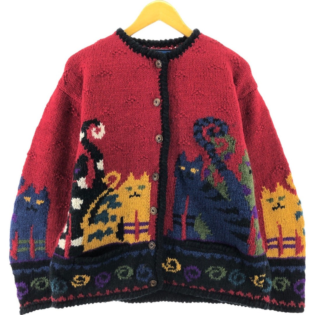 newari All-over Cat Pattern Wool Knit Cardigan Made in Nepal Women's XL /eaa494247