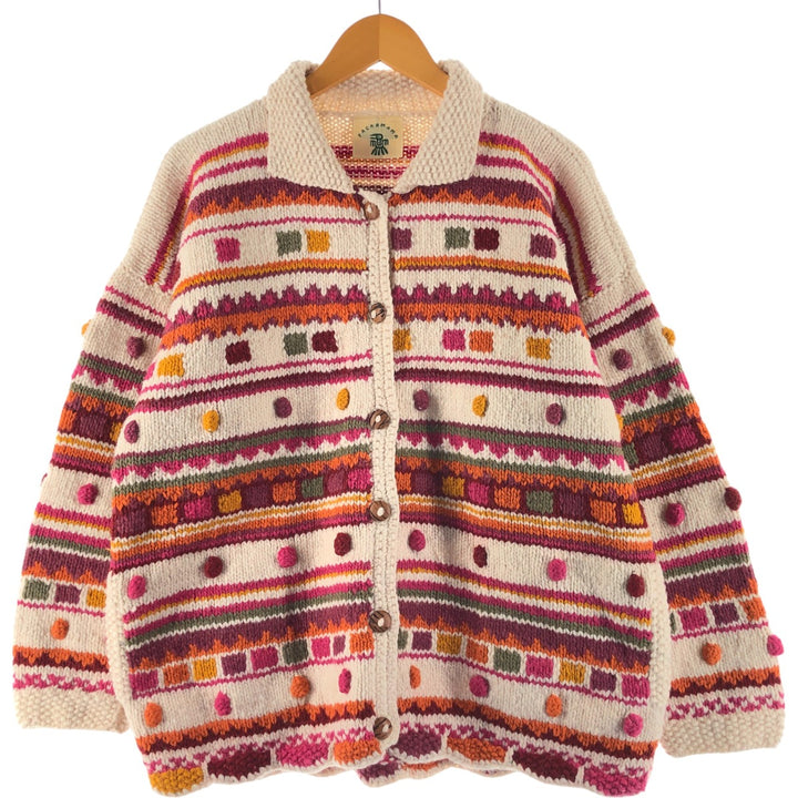 PACHAMAMA all-over print, collared, HAND MADE, handmade wool knit cardigan, women's size XL /eaa494251