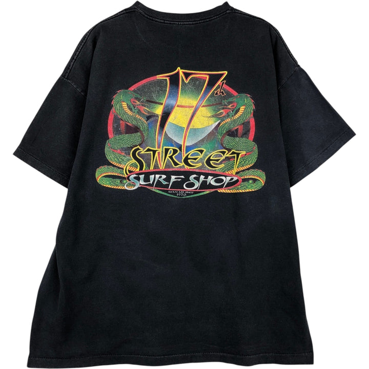 17th Street Surf Shop Snake Pattern Python Advertising T-Shirt, Made in USA, Men's XXL equivalent, Vintage cotton black type Vintage Second Hand