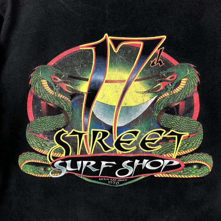 17th Street Surf Shop Snake Pattern Python Advertising T-Shirt, Made in USA, Men's XXL equivalent, Vintage cotton black type Vintage Second Hand