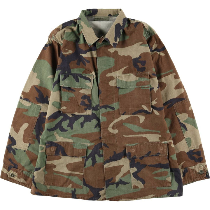 1990'S US Military Issue Camouflage Pattern Woodland Camo BDU Military Jacket, Made in USA, Large-Long (Men's Size L equivalent), Vintage cotton Khaki type Vintage Second Hand