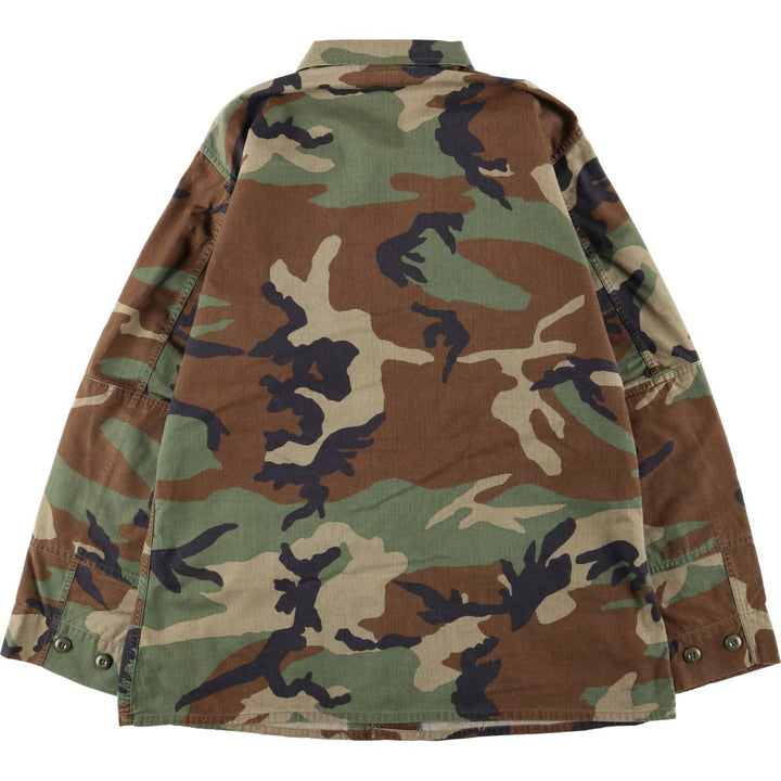 1990'S US Military Issue Camouflage Pattern Woodland Camo BDU Military Jacket, Made in USA, Large-Long (Men's Size L equivalent), Vintage cotton Khaki type Vintage Second Hand