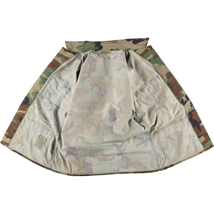 1990'S US Military Issue Camouflage Pattern Woodland Camo BDU Military Jacket, Made in USA, Large-Long (Men's Size L equivalent), Vintage cotton Khaki type Vintage Second Hand