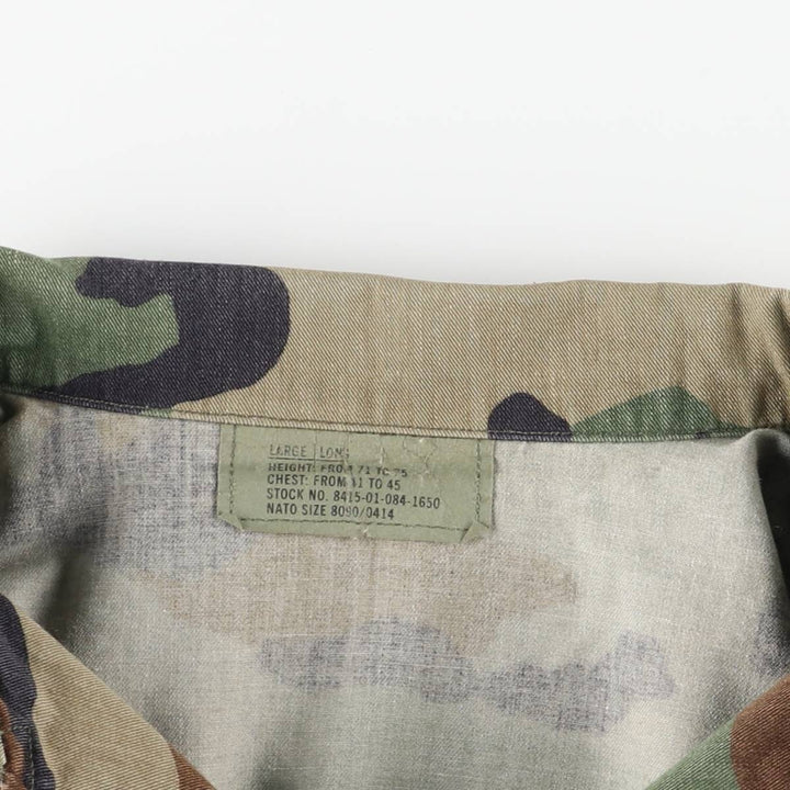 1990'S US Military Issue Camouflage Pattern Woodland Camo BDU Military Jacket, Made in USA, Large-Long (Men's Size L equivalent), Vintage cotton Khaki type Vintage Second Hand