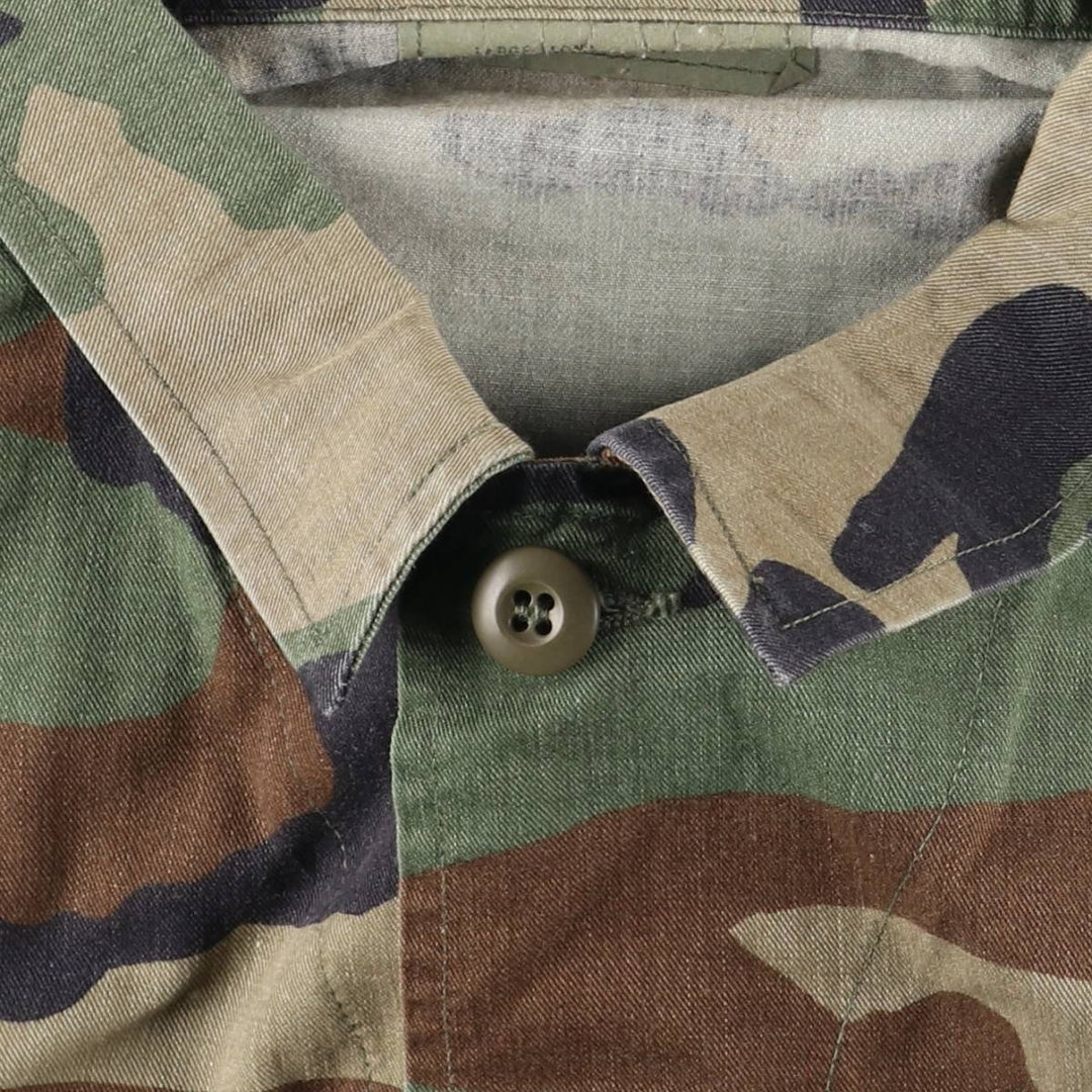 1990'S US Military Issue Camouflage Pattern Woodland Camo BDU Military Jacket, Made in USA, Large-Long (Men's Size L equivalent), Vintage cotton Khaki type Vintage Second Hand