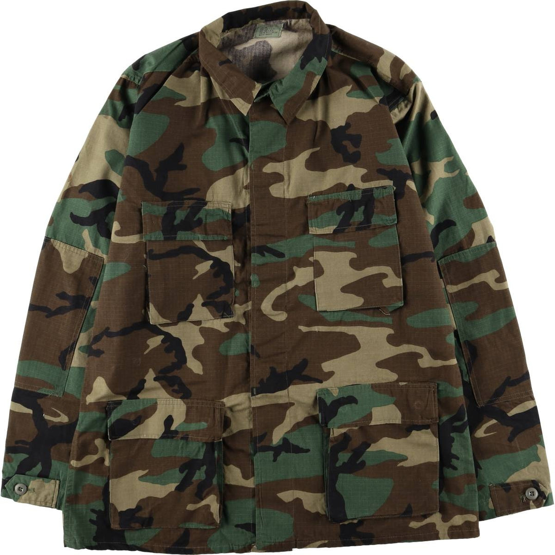 1980'S US Military Issue Camouflage Pattern Woodland Camo Ripstop BDU Military Jacket, Made in USA, Large-Long (Men's Size L equivalent) cotton Khaki type Vintage Second Hand