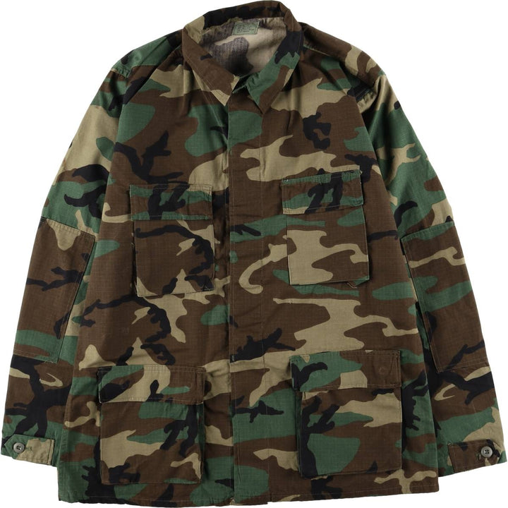 1980'S US Military Issue Camouflage Pattern Woodland Camo Ripstop BDU Military Jacket, Made in USA, Large-Long (Men's Size L equivalent) cotton Khaki type Vintage Second Hand