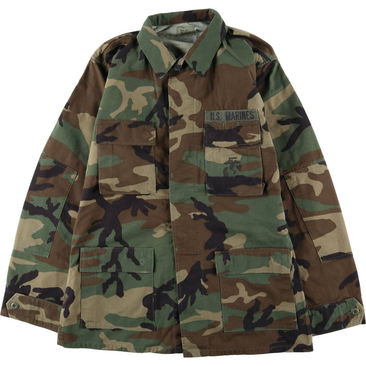 1990'S US Military Issue Camouflage Pattern Woodland Camo Stenciled BDU Military Jacket, Made in USA, Medium-Long (Men's Size M) Nylon Khaki type Vintage Second Hand
