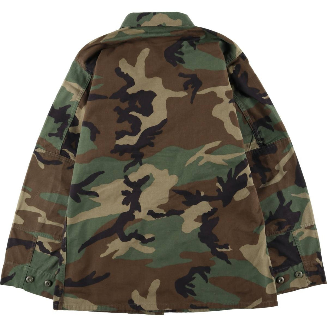 1990'S US Military Issue Camouflage Pattern Woodland Camo Stenciled BDU Military Jacket, Made in USA, Medium-Long (Men's Size M) Nylon Khaki type Vintage Second Hand