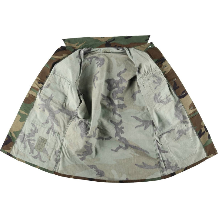 1990'S US Military Issue Camouflage Pattern Woodland Camo Stenciled BDU Military Jacket, Made in USA, Medium-Long (Men's Size M) Nylon Khaki type Vintage Second Hand