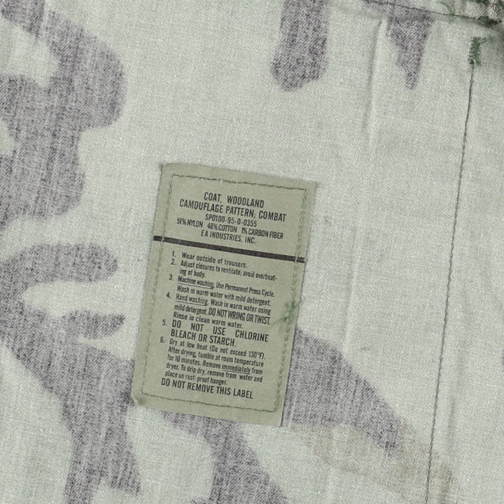 1990'S US Military Issue Camouflage Pattern Woodland Camo Stenciled BDU Military Jacket, Made in USA, Medium-Long (Men's Size M) Nylon Khaki type Vintage Second Hand