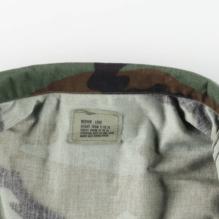 1990'S US Military Issue Camouflage Pattern Woodland Camo Stenciled BDU Military Jacket, Made in USA, Medium-Long (Men's Size M) Nylon Khaki type Vintage Second Hand