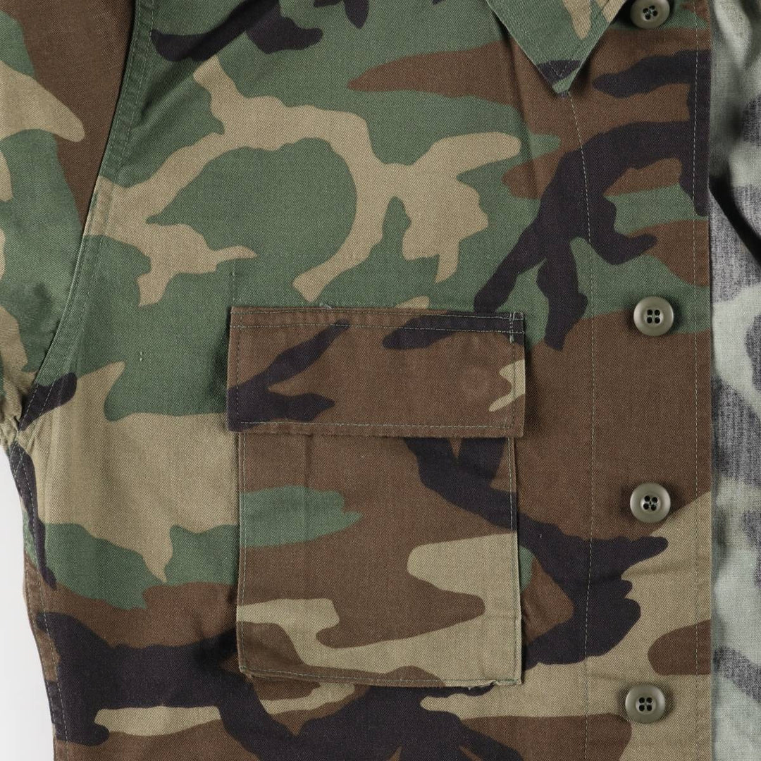 1990'S US Military Issue Camouflage Pattern Woodland Camo Stenciled BDU Military Jacket, Made in USA, Medium-Long (Men's Size M) Nylon Khaki type Vintage Second Hand