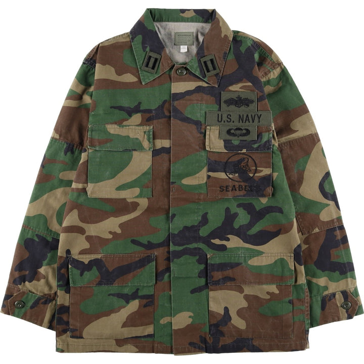 Civilian-made camouflage pattern woodland camo ripstop BDU military jacket, men's size M equivalent. cotton Khaki type Vintage Second Hand