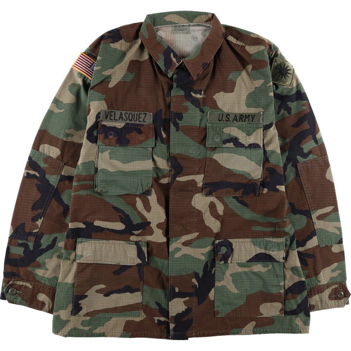 1990'S US Military Issue Camouflage Pattern Woodland Camo Stars and Stripes Ripstop BDU Military Jacket Made in USA Large-Long Nylon Khaki type Vintage Second Hand