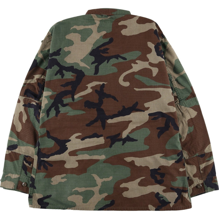 1990'S US Military Issue Camouflage Pattern Woodland Camo Stars and Stripes Ripstop BDU Military Jacket Made in USA Large-Long Nylon Khaki type Vintage Second Hand