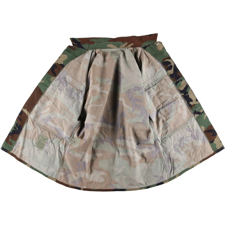 1990'S US Military Issue Camouflage Pattern Woodland Camo Stars and Stripes Ripstop BDU Military Jacket Made in USA Large-Long Nylon Khaki type Vintage Second Hand