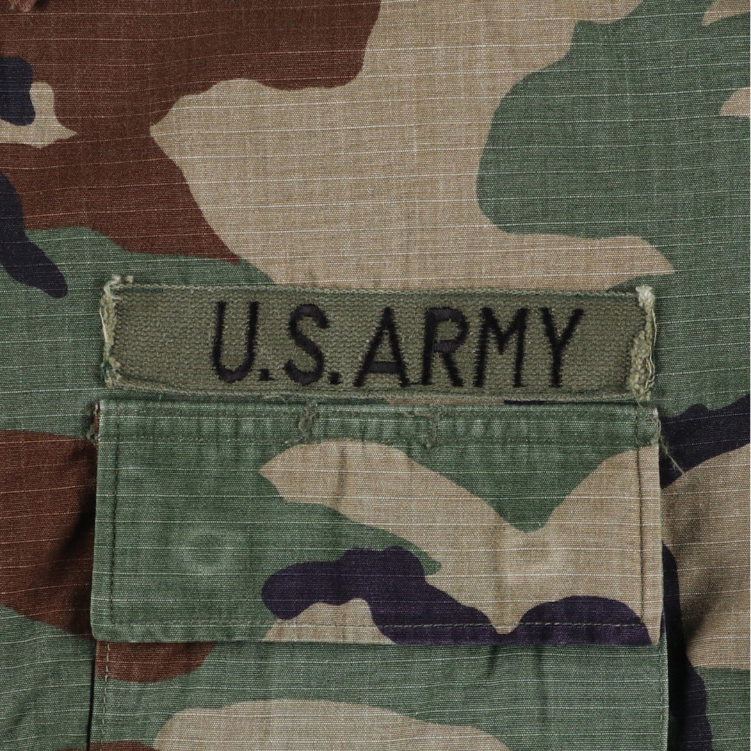 1990'S US Military Issue Camouflage Pattern Woodland Camo Stars and Stripes Ripstop BDU Military Jacket Made in USA Large-Long Nylon Khaki type Vintage Second Hand