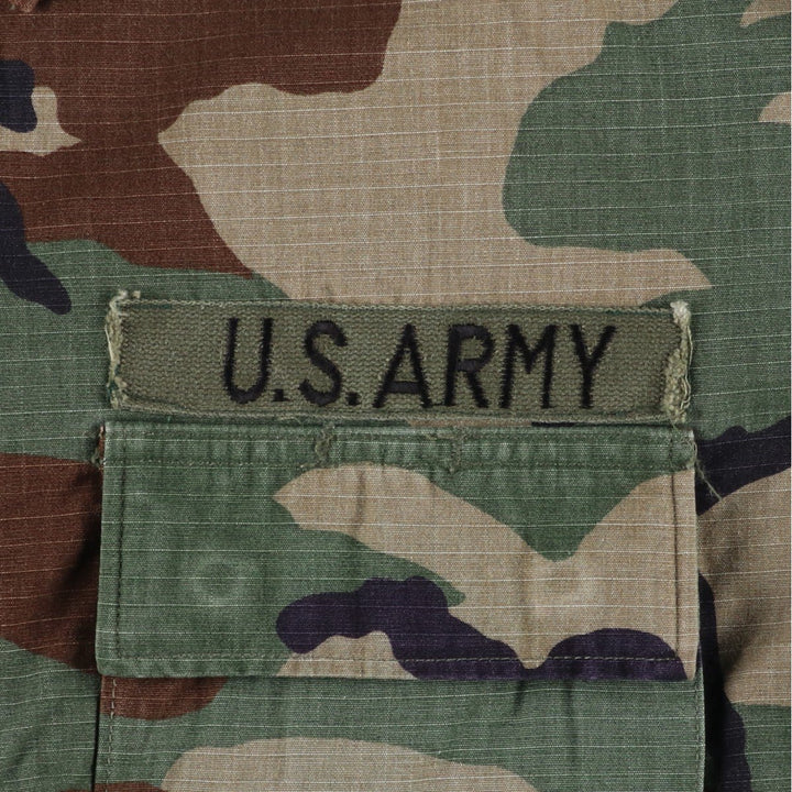 1990'S US Military Issue Camouflage Pattern Woodland Camo Stars and Stripes Ripstop BDU Military Jacket Made in USA Large-Long Nylon Khaki type Vintage Second Hand
