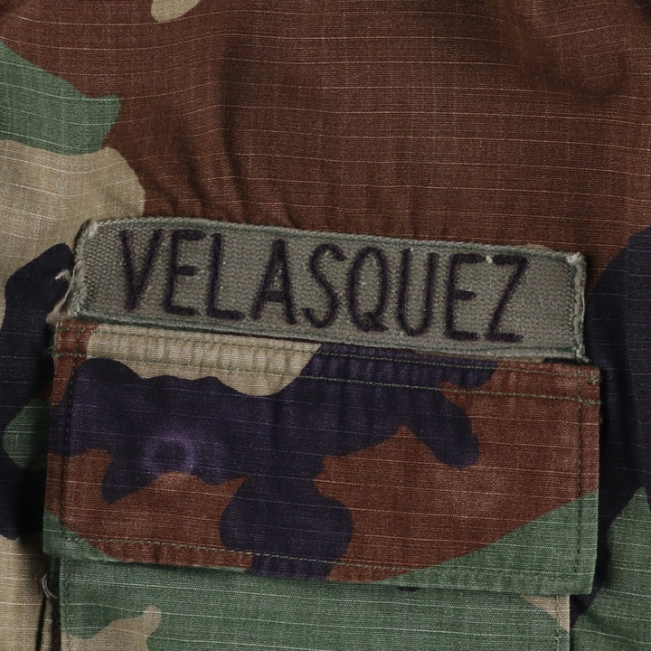 1990'S US Military Issue Camouflage Pattern Woodland Camo Stars and Stripes Ripstop BDU Military Jacket Made in USA Large-Long Nylon Khaki type Vintage Second Hand