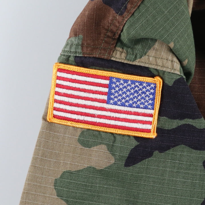 1990'S US Military Issue Camouflage Pattern Woodland Camo Stars and Stripes Ripstop BDU Military Jacket Made in USA Large-Long Nylon Khaki type Vintage Second Hand