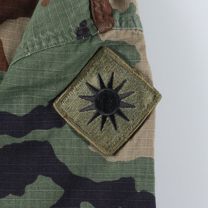 1990'S US Military Issue Camouflage Pattern Woodland Camo Stars and Stripes Ripstop BDU Military Jacket Made in USA Large-Long Nylon Khaki type Vintage Second Hand
