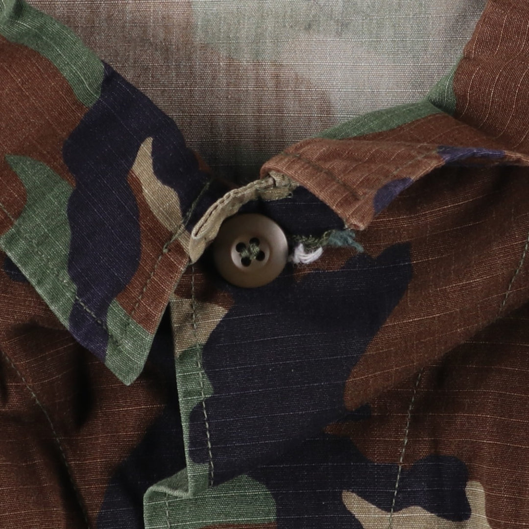 1990'S US Military Issue Camouflage Pattern Woodland Camo Stars and Stripes Ripstop BDU Military Jacket Made in USA Large-Long Nylon Khaki type Vintage Second Hand