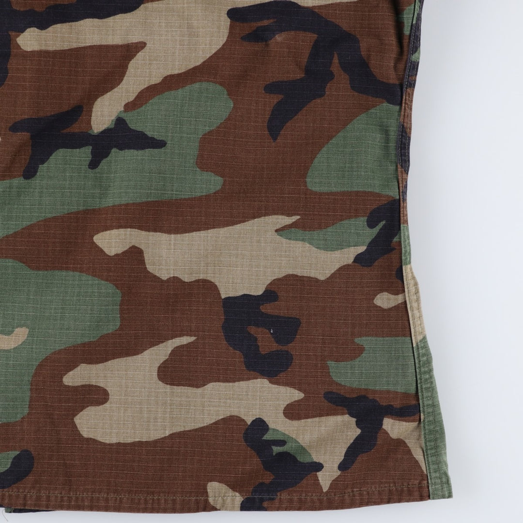 1990'S US Military Issue Camouflage Pattern Woodland Camo Stars and Stripes Ripstop BDU Military Jacket Made in USA Large-Long Nylon Khaki type Vintage Second Hand