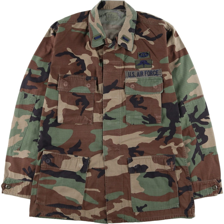 1990'S US Military Issue Camouflage Pattern Woodland Camo Ripstop BDU Military Jacket, Made in USA, Medium-Long (Men's Size M) Nylon Khaki type Vintage Second Hand