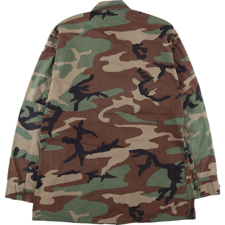 1990'S US Military Issue Camouflage Pattern Woodland Camo Ripstop BDU Military Jacket, Made in USA, Medium-Long (Men's Size M) Nylon Khaki type Vintage Second Hand