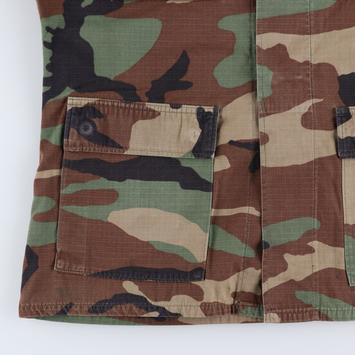 1990'S US Military Issue Camouflage Pattern Woodland Camo Ripstop BDU Military Jacket, Made in USA, Medium-Long (Men's Size M) Nylon Khaki type Vintage Second Hand
