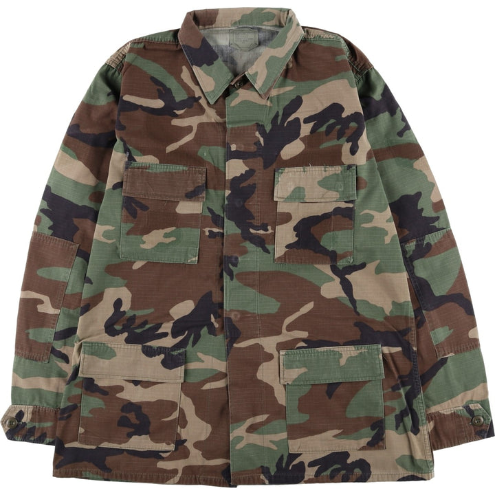 Camouflage Woodland Camo Ripstop BDU Military Jacket, Large-X-Long (Men's Size L equivalent), Vintage Nylon Khaki type Vintage Second Hand