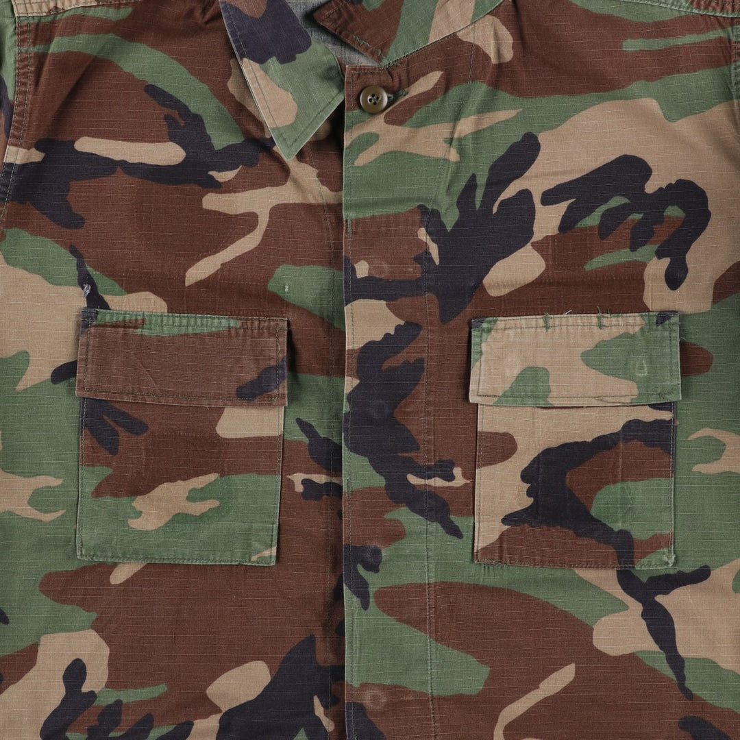 Camouflage Woodland Camo Ripstop BDU Military Jacket, Large-X-Long (Men's Size L equivalent), Vintage Nylon Khaki type Vintage Second Hand