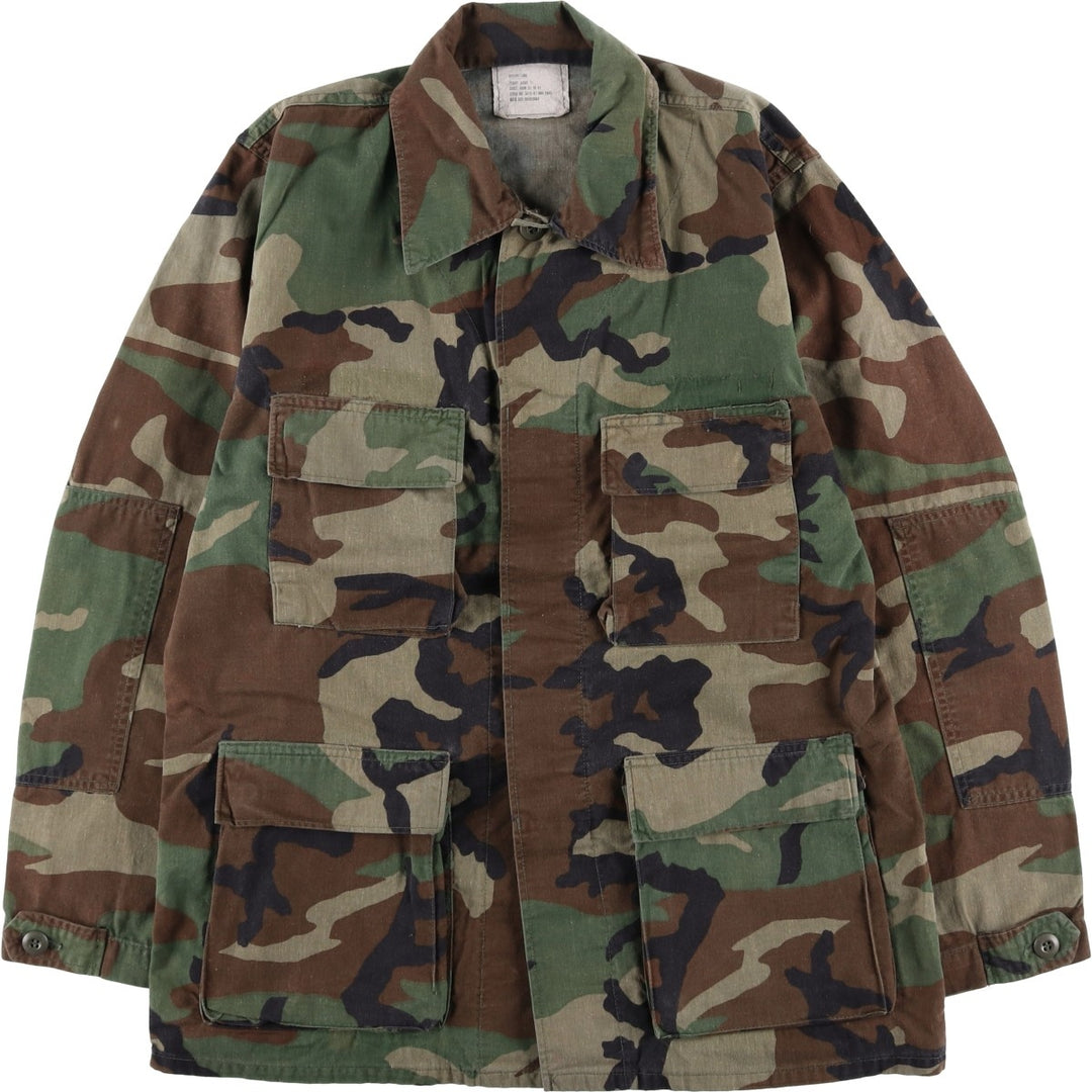 1980'S US Military Issue Camouflage Pattern Woodland Camo BDU Military Jacket, Made in USA, Medium-Long (Men's Size M equivalent), Vintage cotton Khaki type Vintage Second Hand