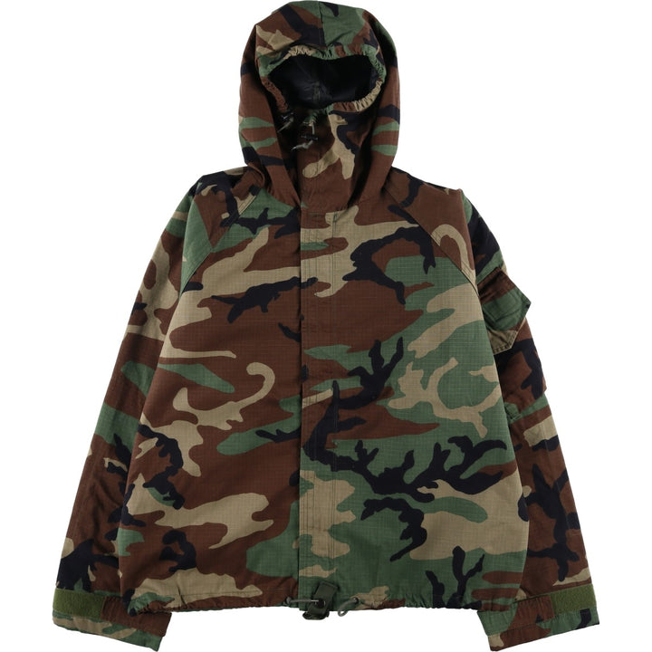 Authentic US military woodland camo chemical protective jacket with hood, ripstop construction, made in the USA Nylon Khaki type Vintage Second Hand