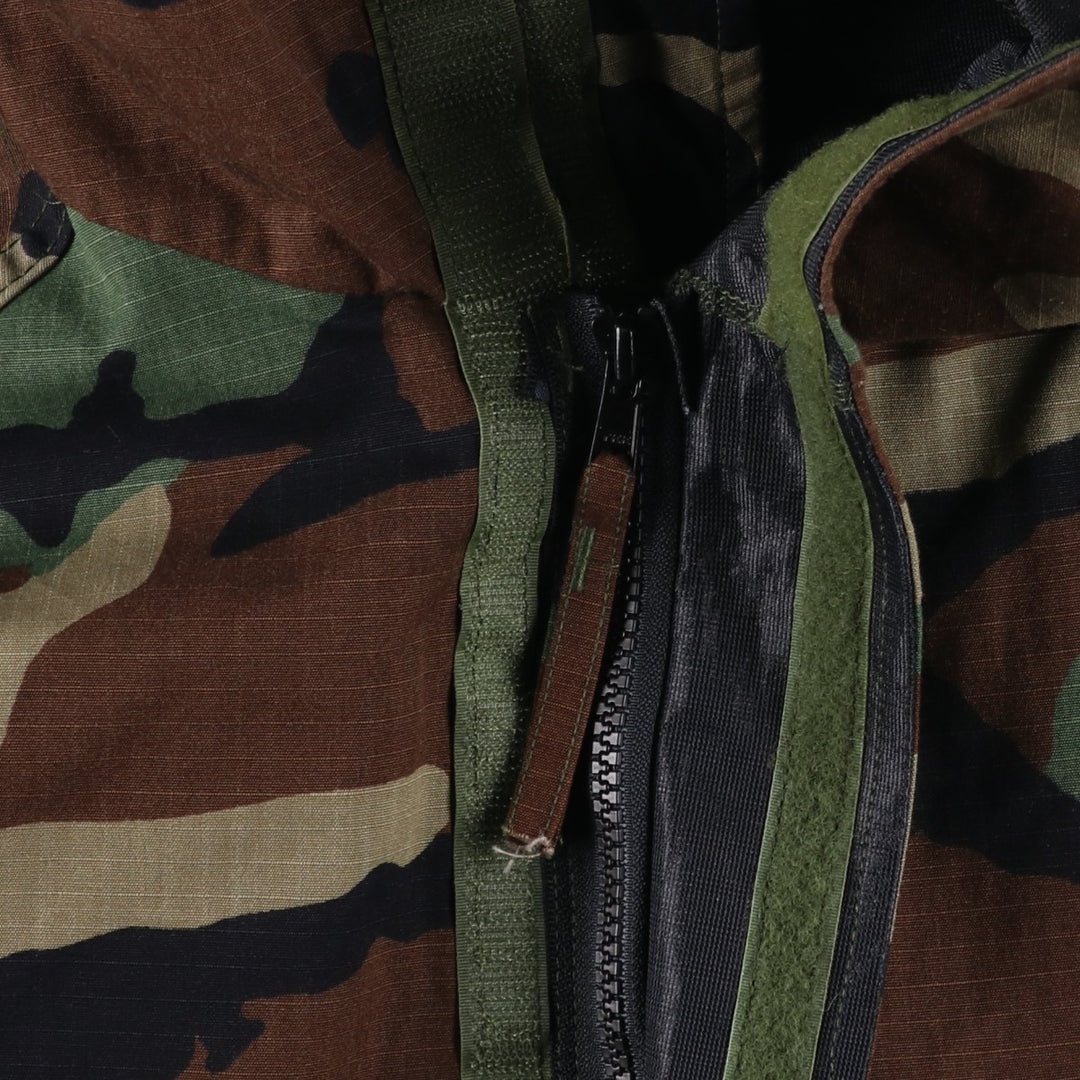 Authentic US military woodland camo chemical protective jacket with hood, ripstop construction, made in the USA Nylon Khaki type Vintage Second Hand