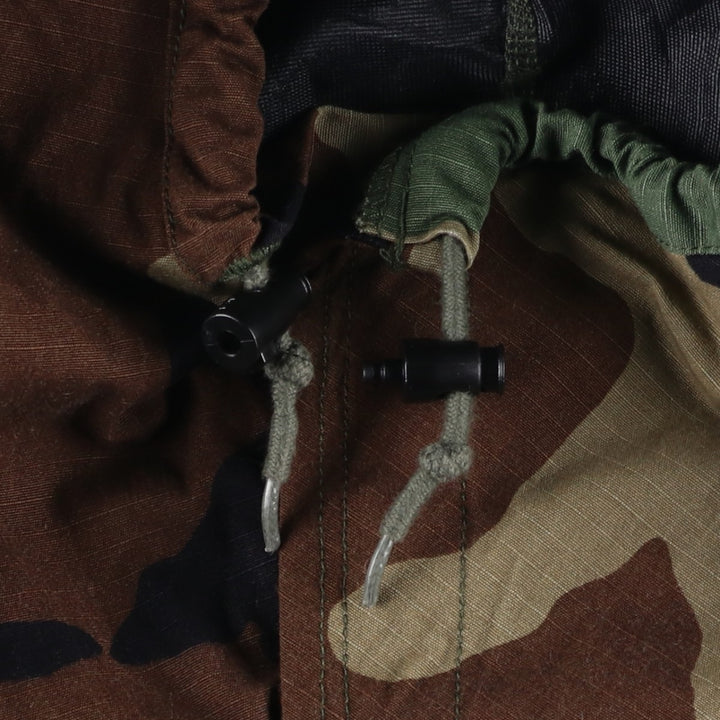 Authentic US military woodland camo chemical protective jacket with hood, ripstop construction, made in the USA Nylon Khaki type Vintage Second Hand