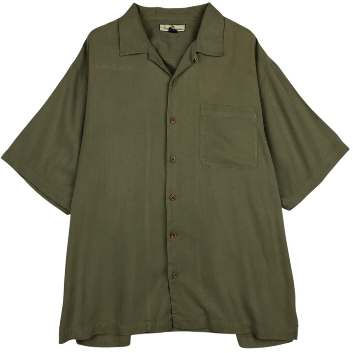 Tommy Bahama Herringbone Short Sleeve Open Collar Silk Box Shirt, Men's XL silk Khaki type Vintage Second Hand