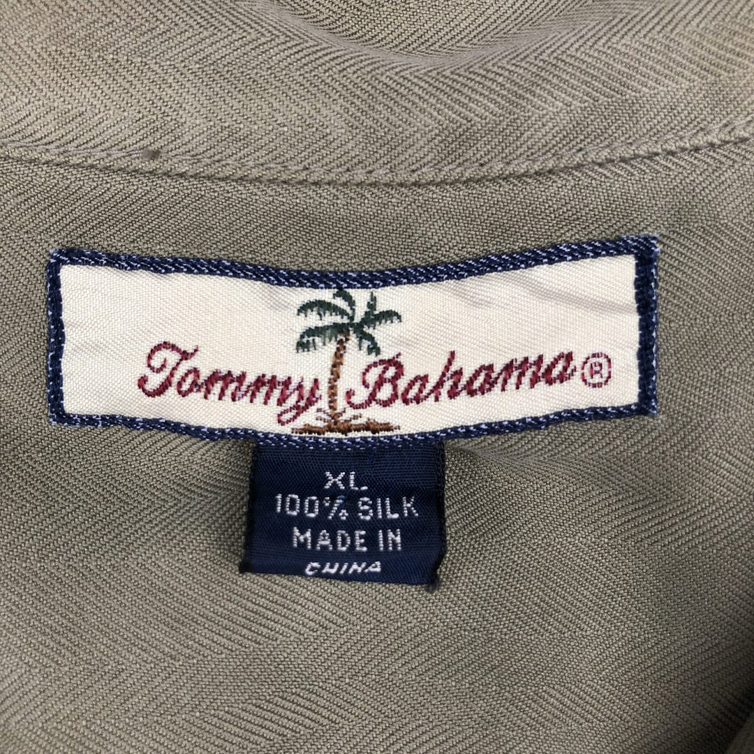 Tommy Bahama Herringbone Short Sleeve Open Collar Silk Box Shirt, Men's XL silk Khaki type Vintage Second Hand