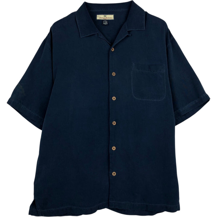 Tommy Bahama short sleeve open collar silk shirt, box shirt, men's size L silk navy blue type Vintage Second Hand