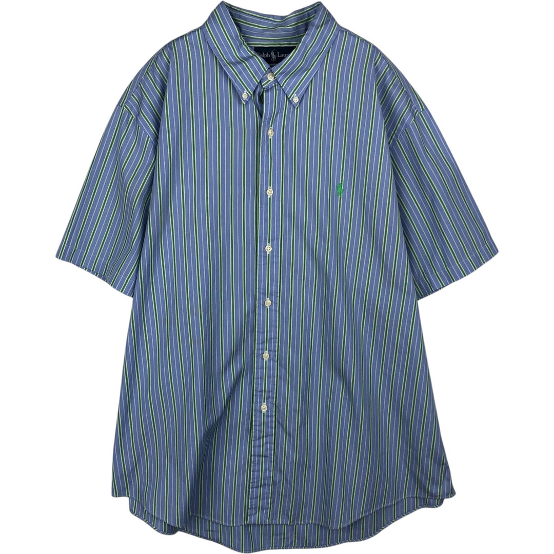 Ralph Lauren CUSTOM FIT Multi-stripe Logo Embroidered Short-Sleeve Button-Down Striped Shirt, Men's Size XL (approx.) unclear blue type Vintage Second Hand