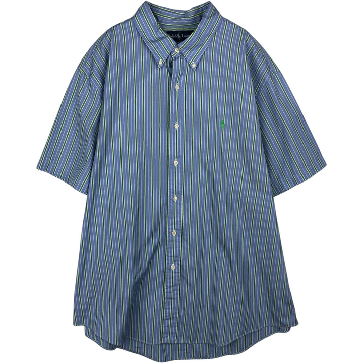 Ralph Lauren CUSTOM FIT Multi-stripe Logo Embroidered Short-Sleeve Button-Down Striped Shirt, Men's Size XL (approx.) unclear blue type Vintage Second Hand