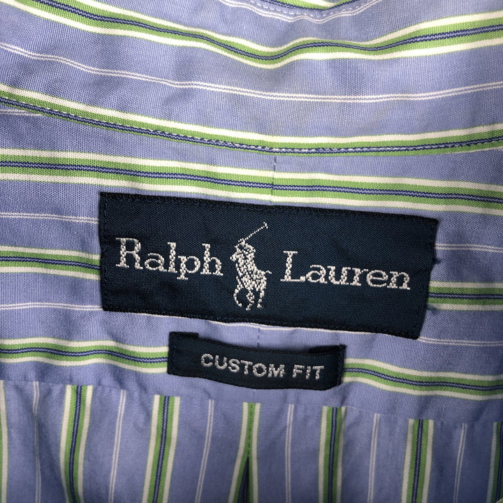Ralph Lauren CUSTOM FIT Multi-stripe Logo Embroidered Short-Sleeve Button-Down Striped Shirt, Men's Size XL (approx.) unclear blue type Vintage Second Hand