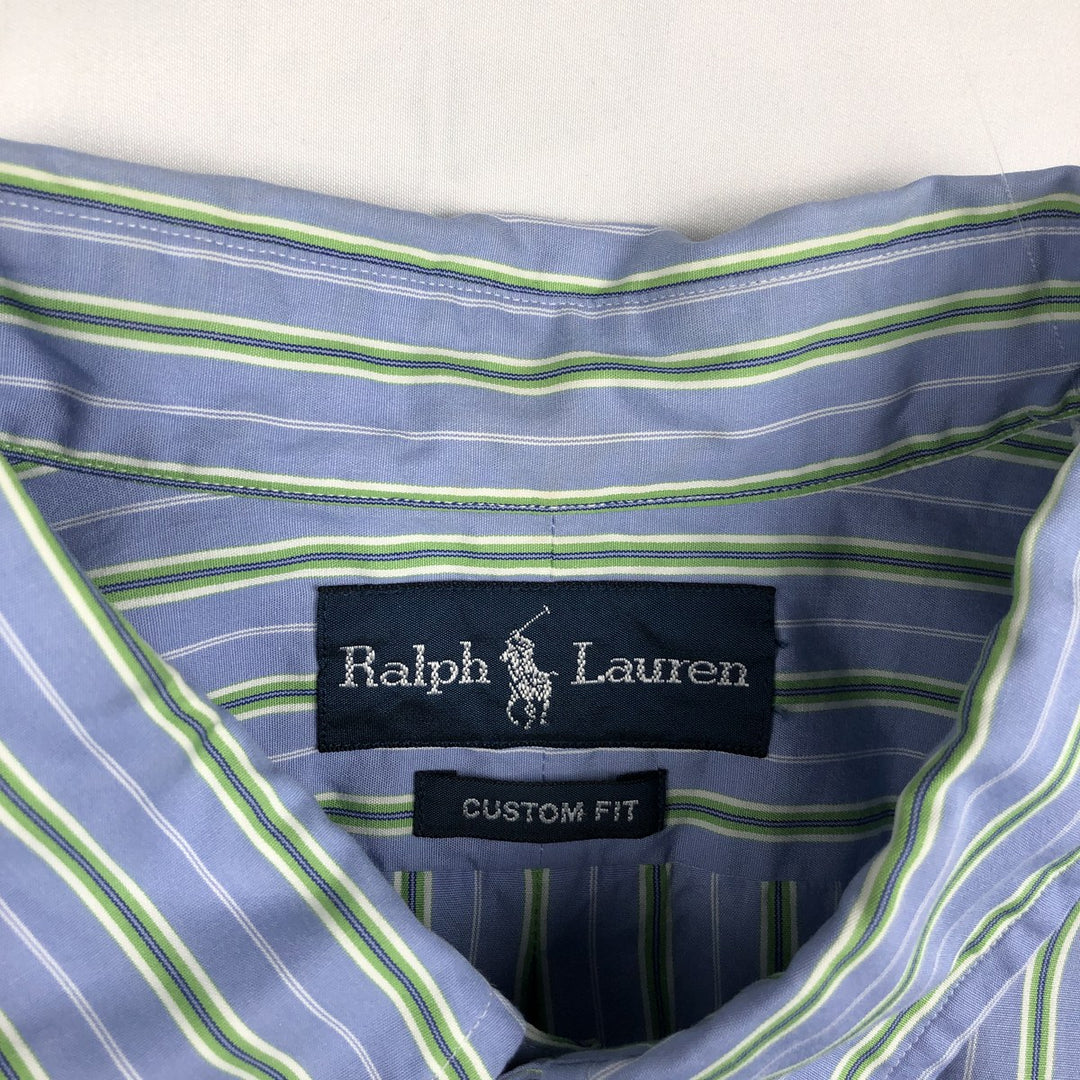 Ralph Lauren CUSTOM FIT Multi-stripe Logo Embroidered Short-Sleeve Button-Down Striped Shirt, Men's Size XL (approx.) unclear blue type Vintage Second Hand