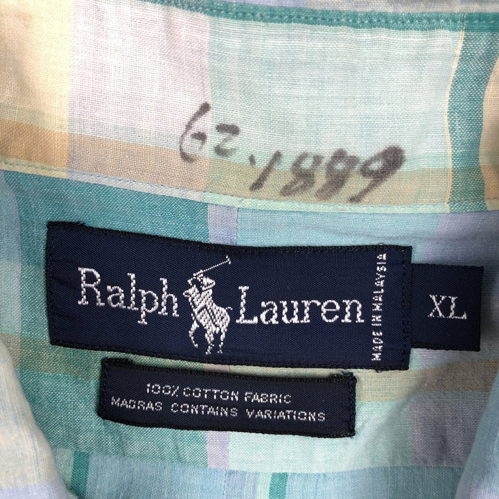 Ralph Lauren Madras Check Short Sleeve Button Down Check Shirt Men's XL cotton Emerald green Vintage Second Hand